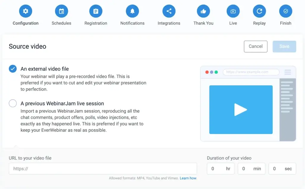 EverWebinar source video setup with external file and WebinarJam session import options