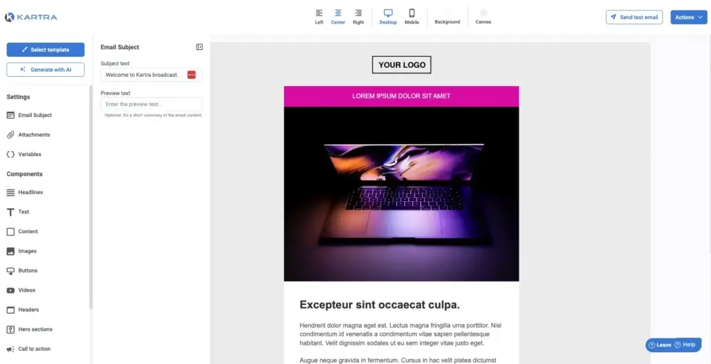 Kartra email builder interface with subject line editor and drag and drop email design