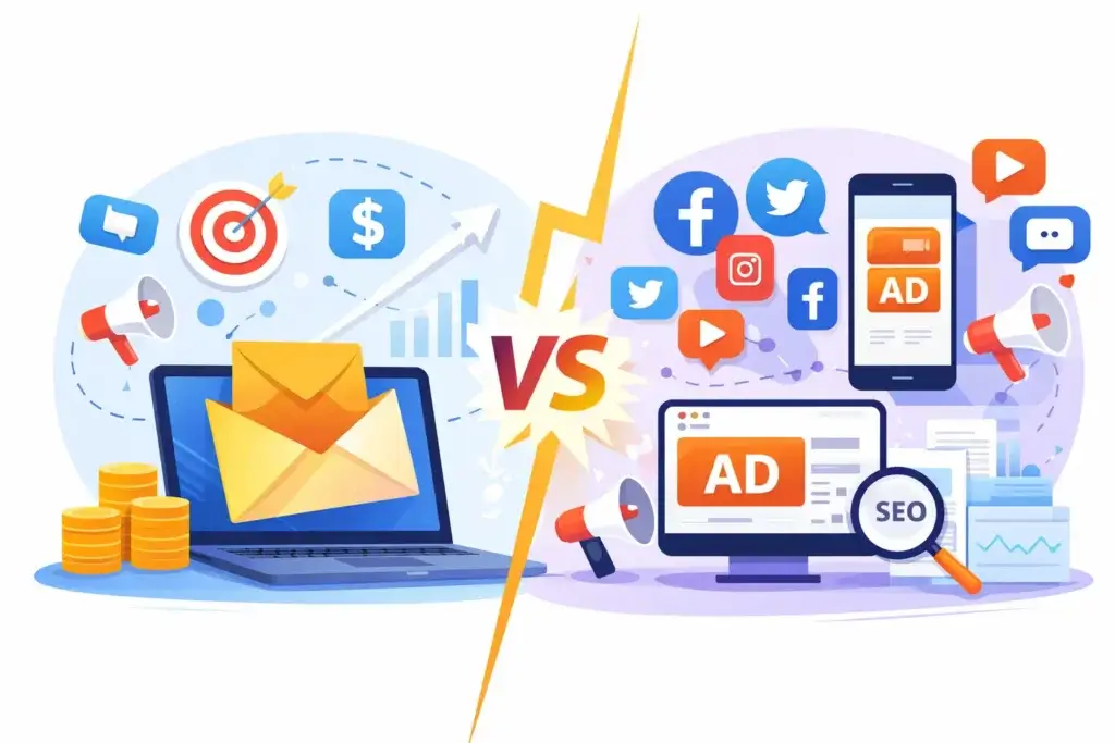 Comparison illustration of email marketing versus social media ads and SEO marketing channels