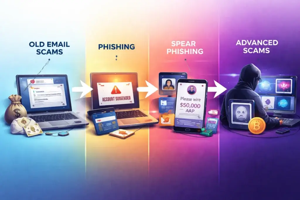 Visual timeline showing how phishing changed from basic email scams to modern online fraud