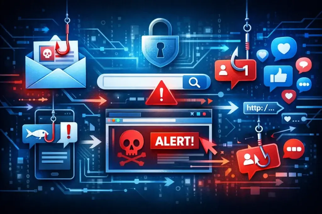 Illustration of phishing channels including email, text messages, search results, and fake websites