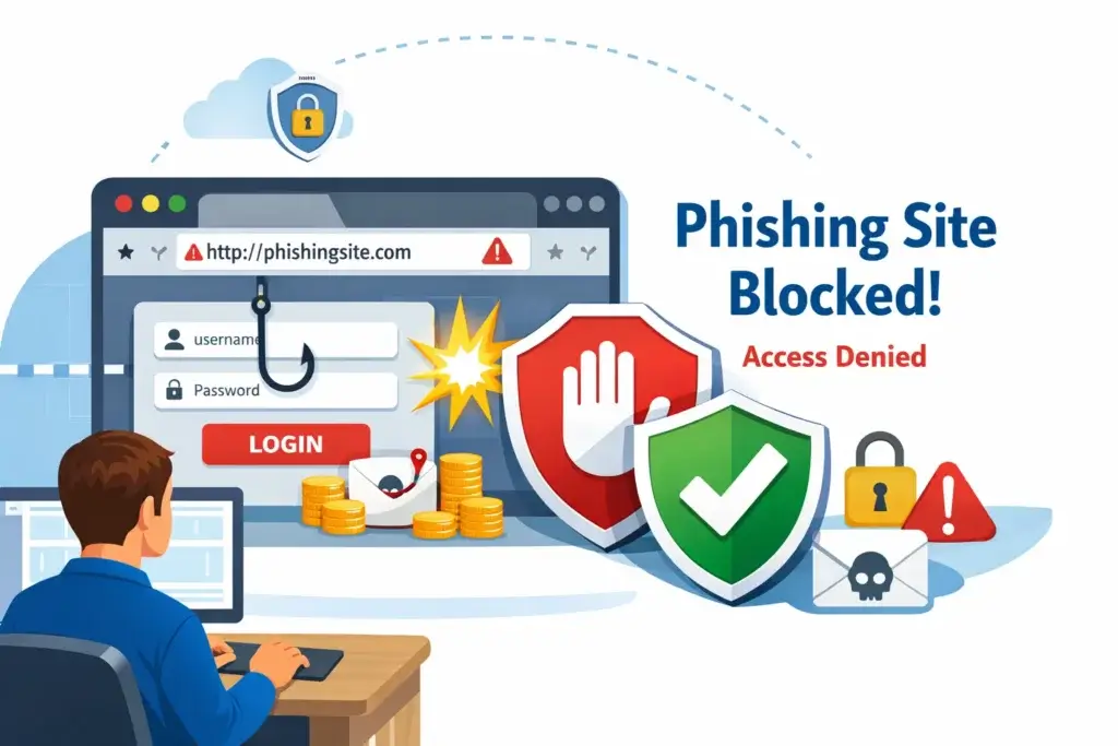 Browser security tool blocking a phishing website before login details are entered