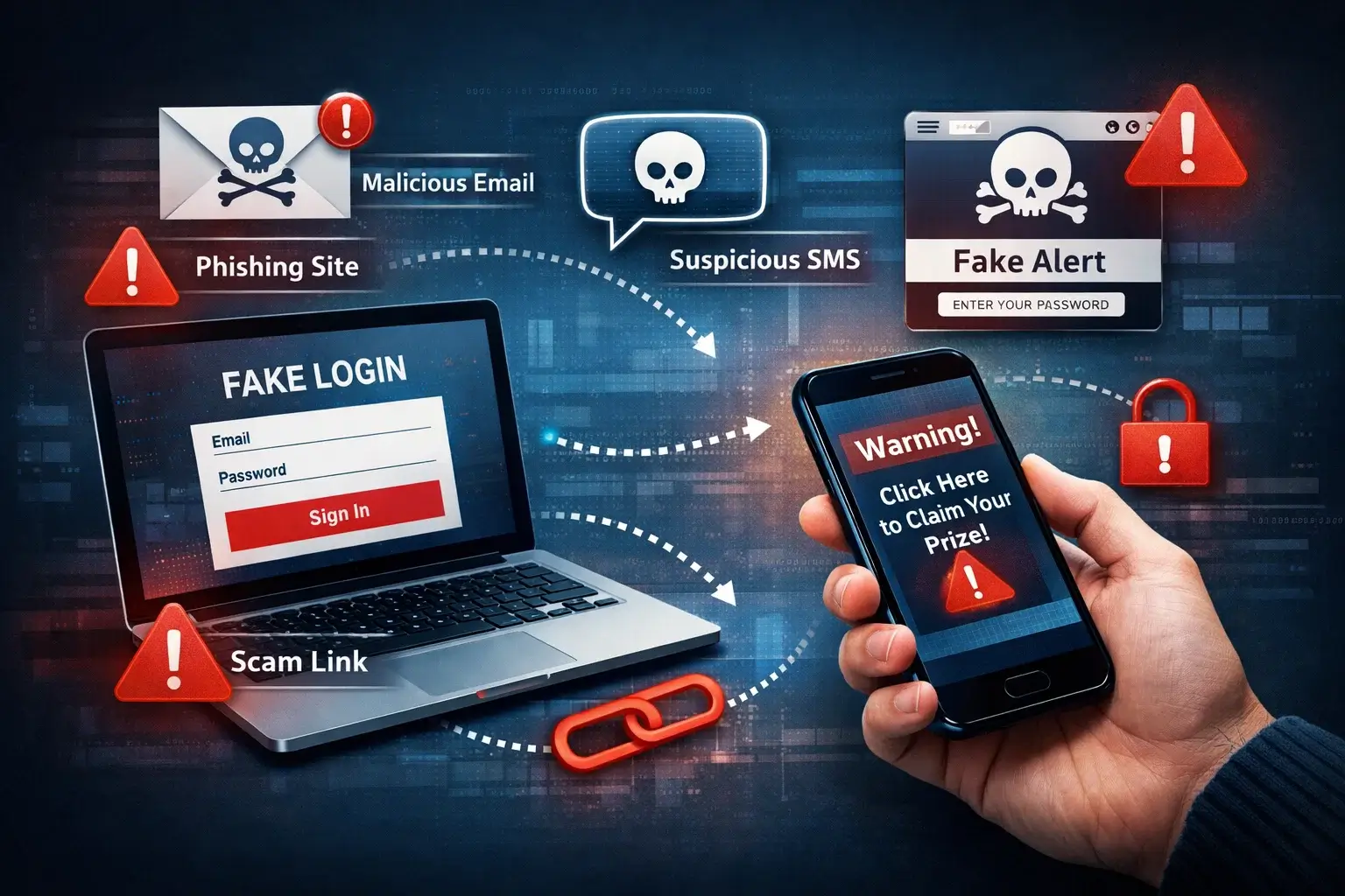 Evolution of Phishing - Modern phishing threats appearing across email, SMS, browser pages, and mobile devices