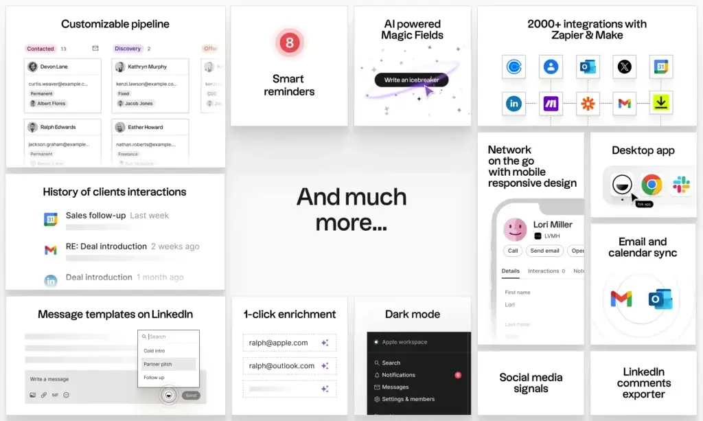 Folk CRM features including customizable pipeline, AI Magic Fields, integrations and email sync