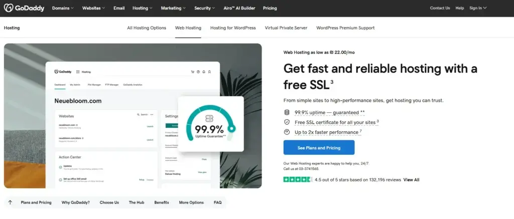 GoDaddy web hosting page showing free SSL, 99.9% uptime guarantee, and hosting plans