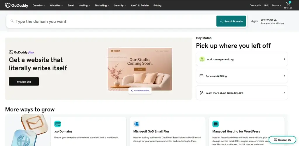 GoDaddy dashboard with Airo AI website builder and account management tools