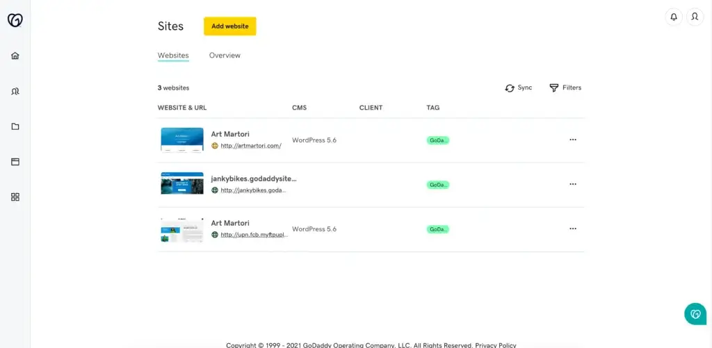 GoDaddy website management dashboard for multiple WordPress and client websites