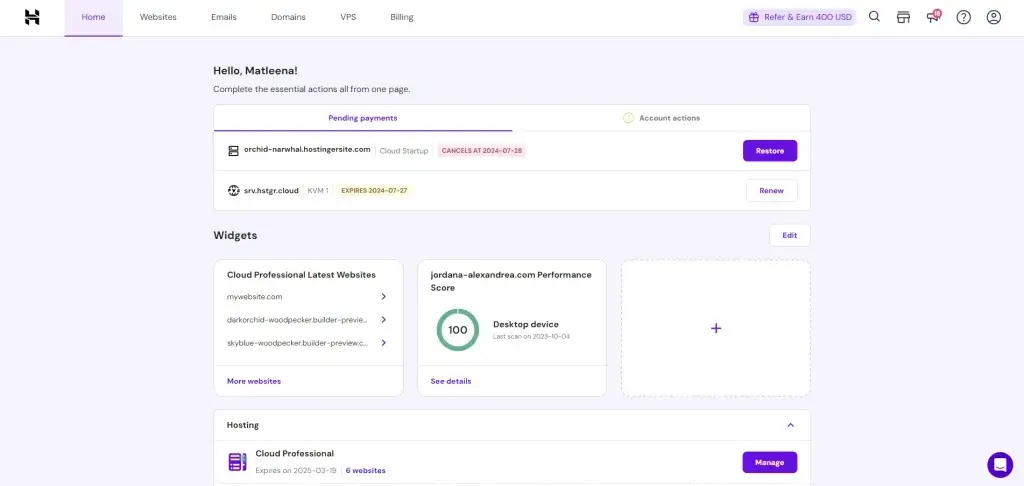 Hostinger hPanel dashboard showing websites, hosting, and performance widgets