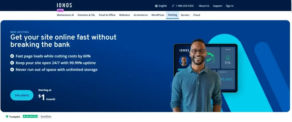 IONOS web hosting page showing $1 per month plan and 99.99% uptime offer