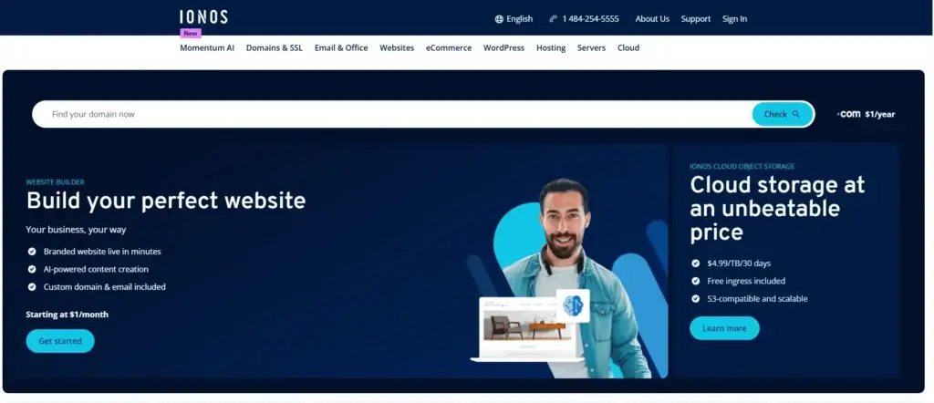 IONOS homepage showing website builder, domain search, and cloud storage services