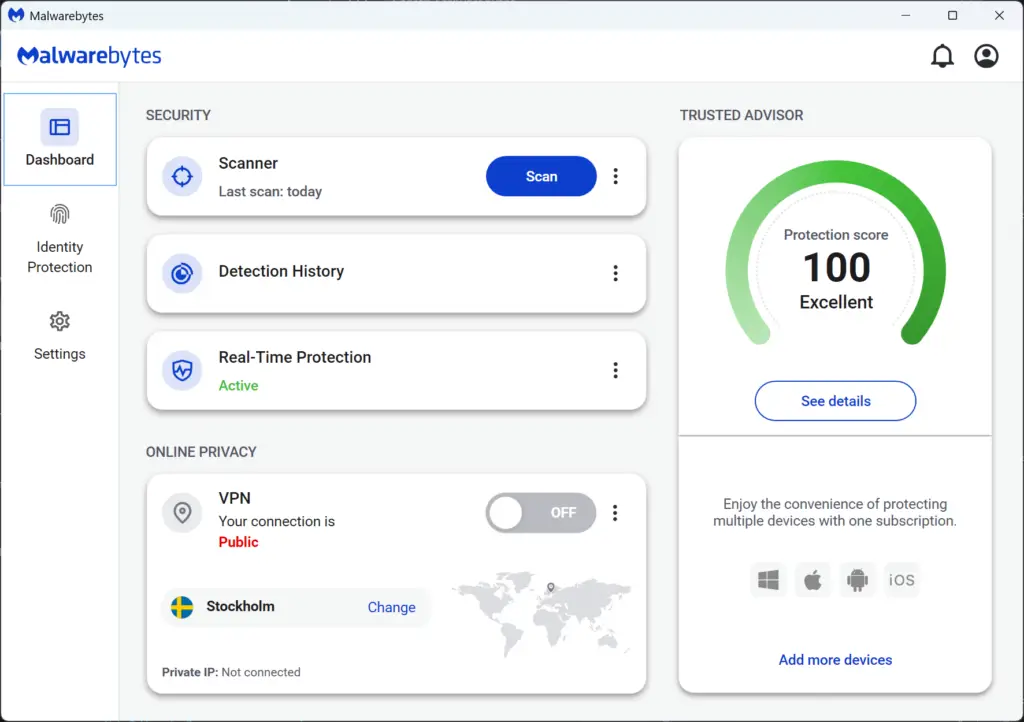 Malwarebytes desktop dashboard showing scan controls, real-time protection status, and VPN settings on Windows