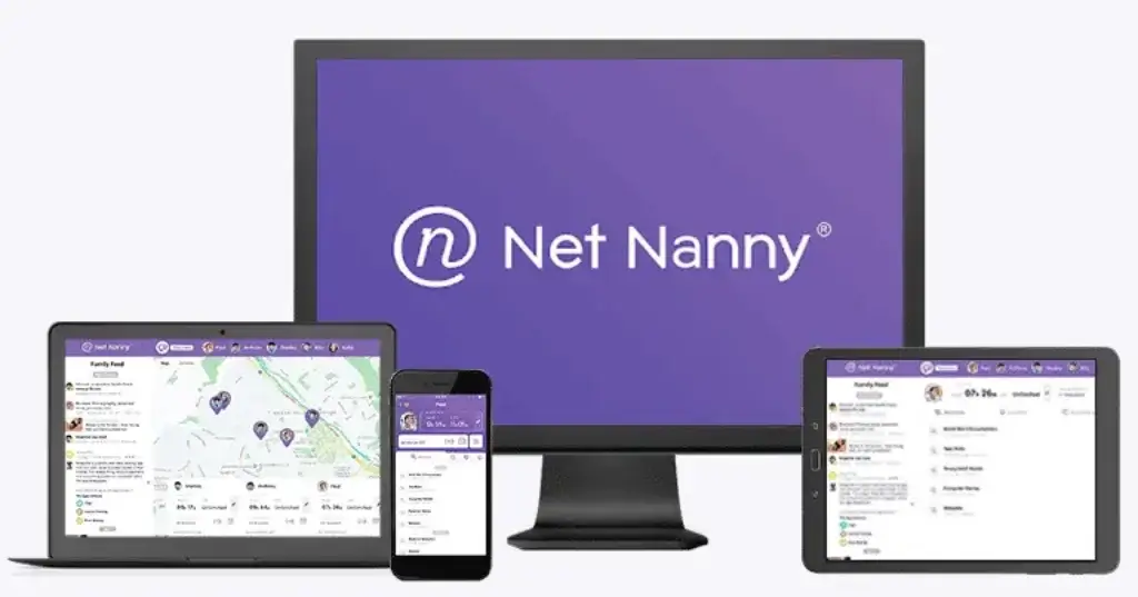 Net Nanny parental control dashboard displayed across desktop, laptop, smartphone, and tablet devices