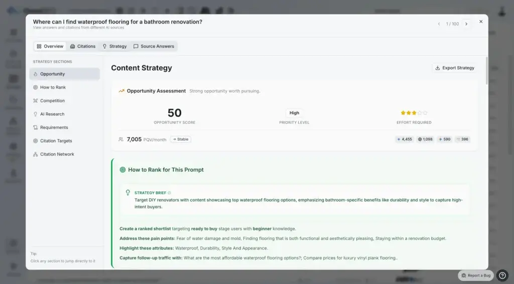 OmniSEO content strategy view showing opportunity assessment, ranking guidance, and AI visibility recommendations