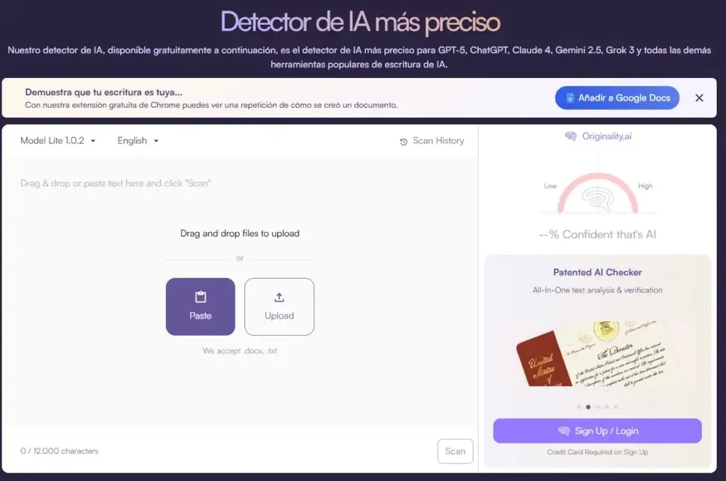 Originality.ai interface showing AI detection scanner and confidence score analysis