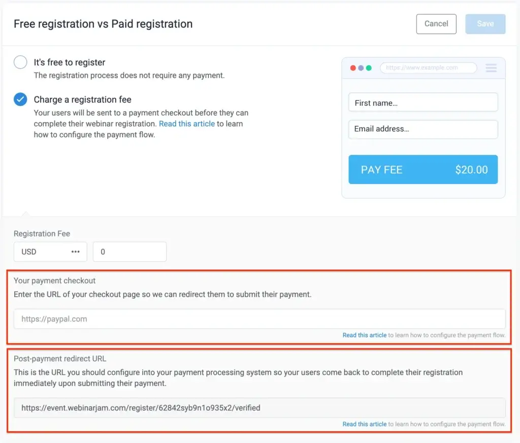 EverWebinar paid registration setup with checkout URL and post-payment redirect