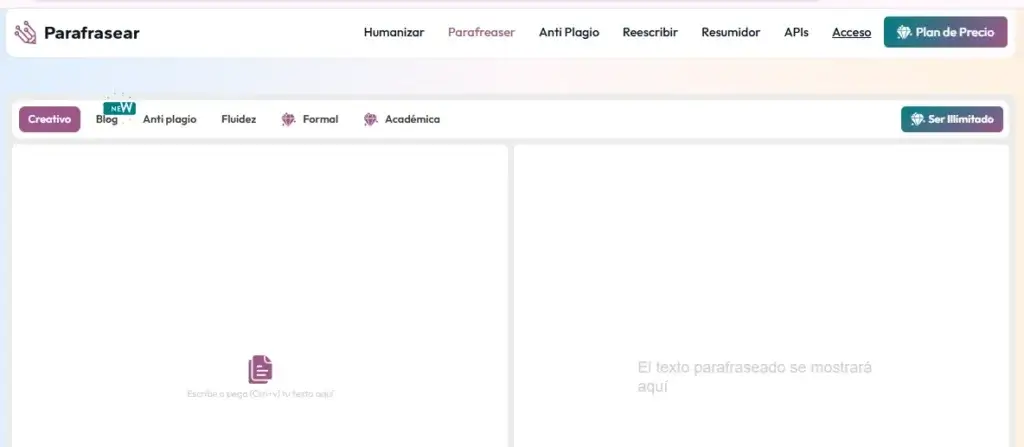 Parafrasear.ai online paraphrasing tool interface with text editor and output panel