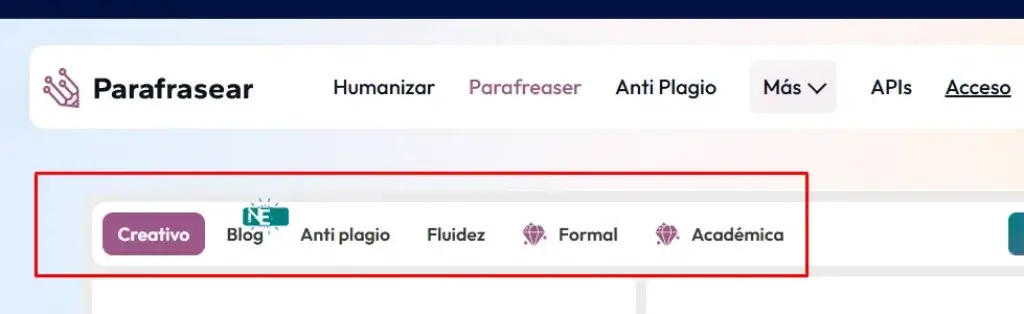 Parafrasear.ai interface showing paraphrasing modes like creative, blog, anti-plagiarism, formal and academic