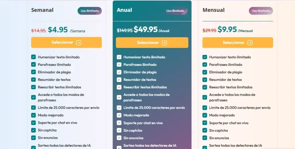 Parafrasear.ai pricing plans showing weekly, monthly and annual subscription options