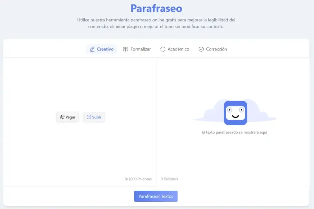 Parafraseo online tool interface showing creative, formal and academic paraphrasing modes
