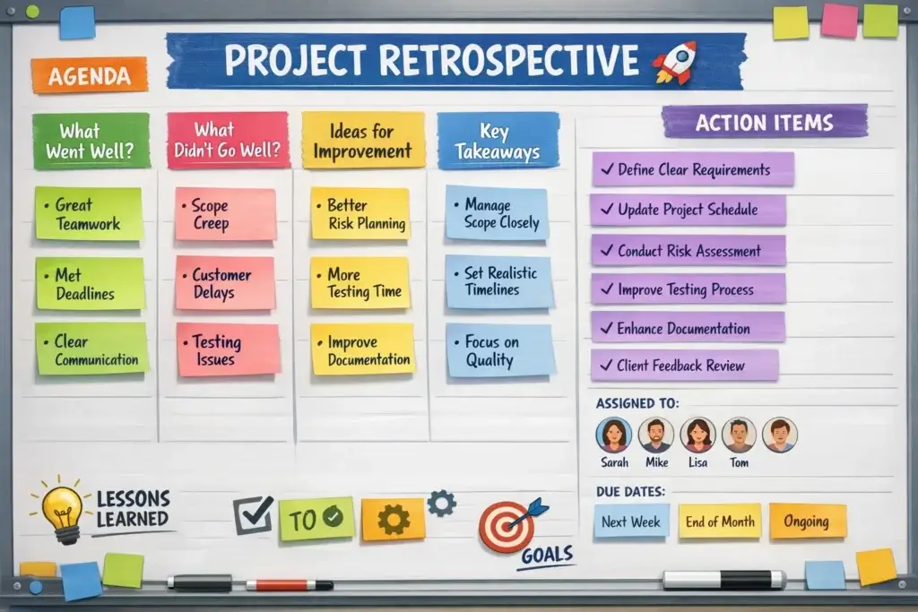 Project retrospective agenda and action items on a digital collaboration board