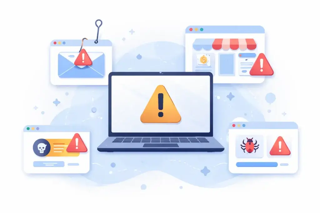 Common online threats to families including phishing, scam websites, and malicious downloads
