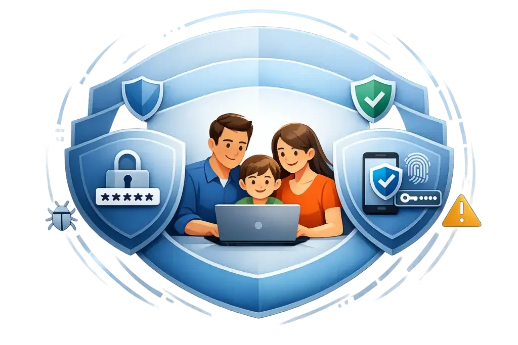 Layered approach to family cybersecurity including passwords, MFA, and protection tools