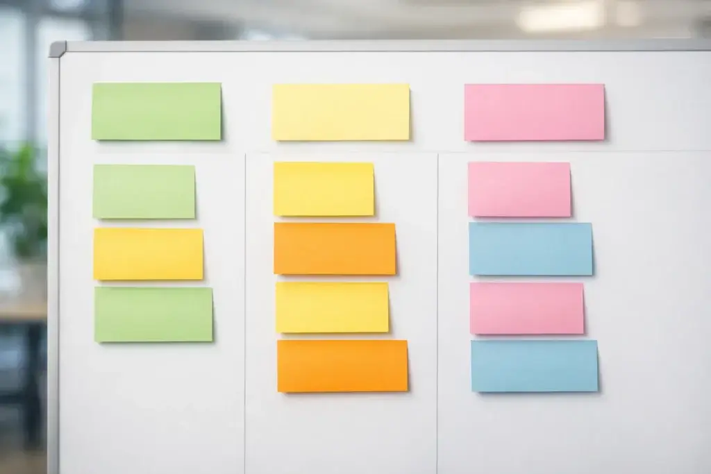 Retrospective board with prompts for project questions and team feedback