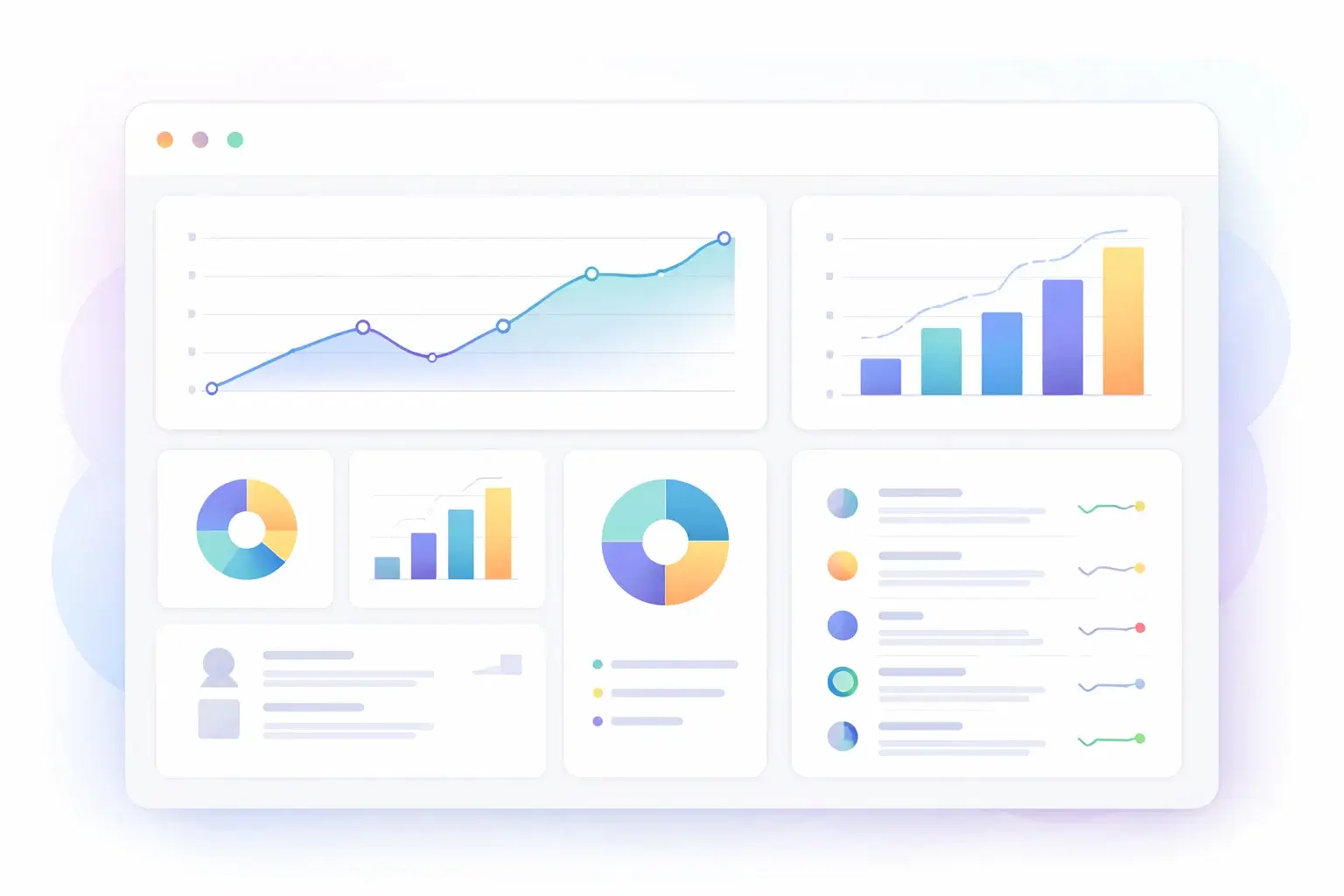 SEO dashboard illustration showing charts, graphs, and ranking trends on a clean interface
