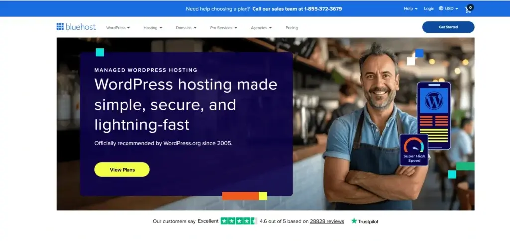 Bluehost managed WordPress hosting page highlighting performance, security, and WordPress integration