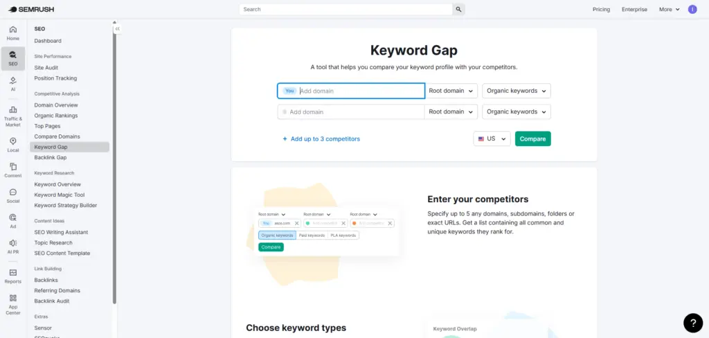 Semrush Keyword Gap tool comparing domains to find shared and missing keyword opportunities