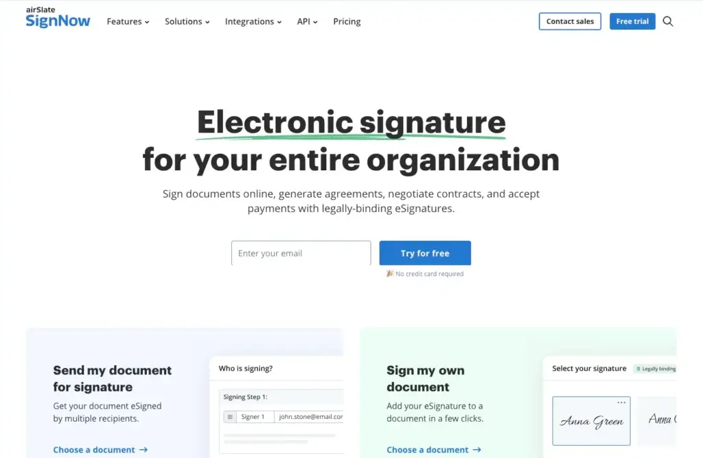 SignNow homepage showing electronic signature tools for sending, signing, and managing documents