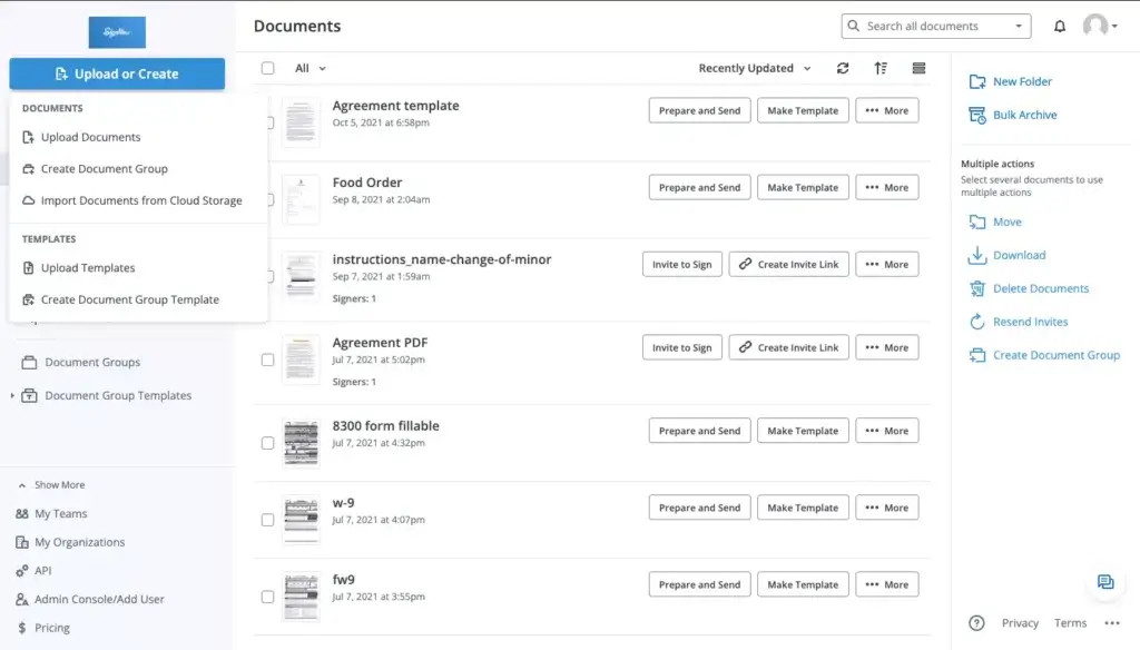 SignNow dashboard showing document templates, upload options, and document workflow tools