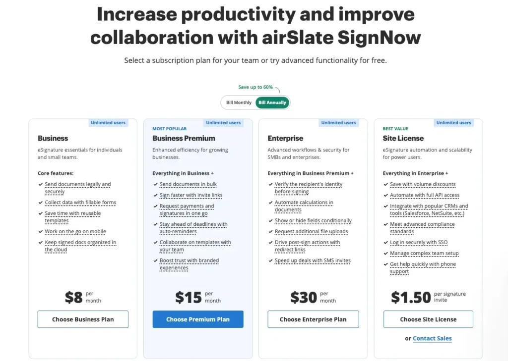 SignNow pricing plans for business teams