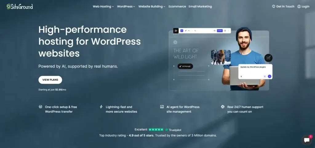 SiteGround WordPress hosting homepage highlighting AI tools and managed website support
