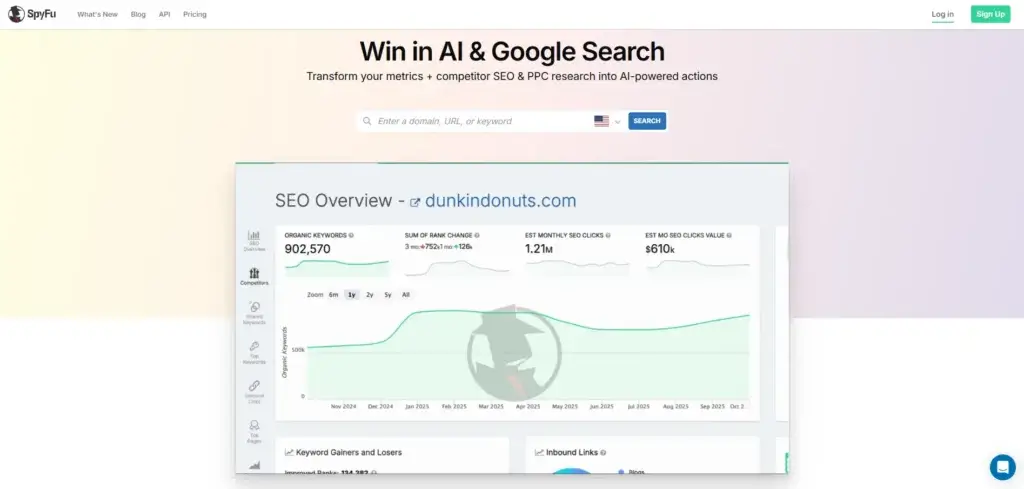 SpyFu homepage showing SEO and PPC competitor research search interface