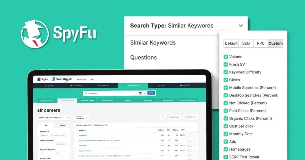 SpyFu keyword research tool showing similar keywords, filters, and search metrics