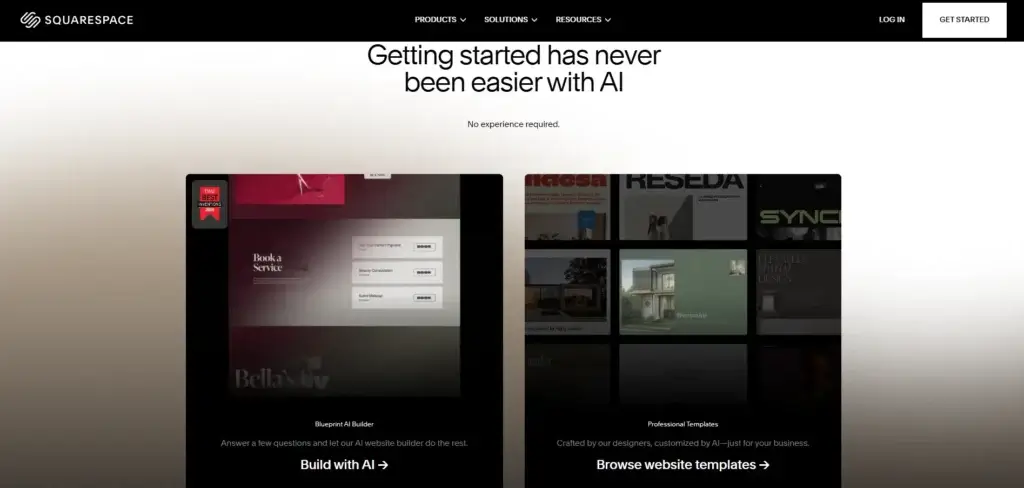 Squarespace Blueprint AI builder and website template options for creating a new site