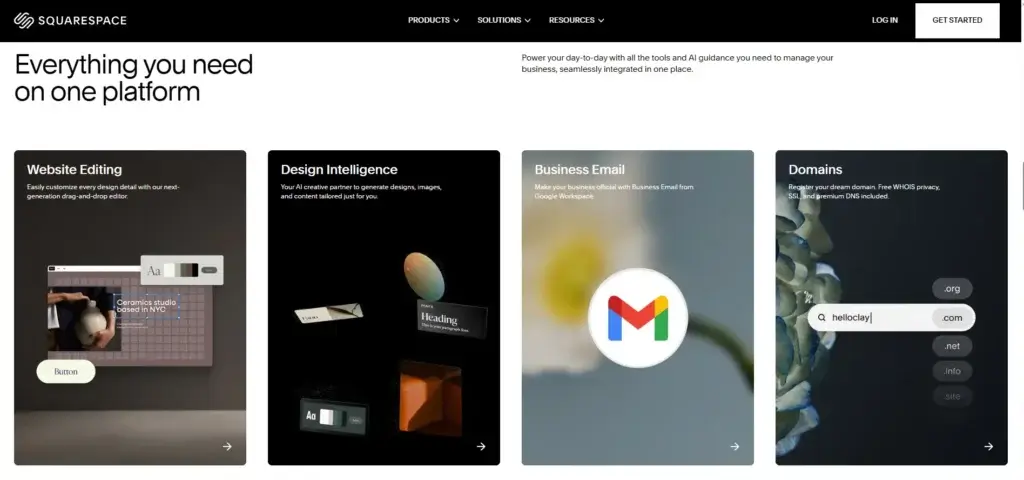 Squarespace business platform features including website editing, design intelligence, business email, and domains