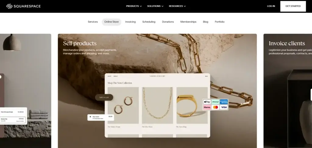 Squarespace ecommerce website builder showing online store, invoicing, scheduling, and memberships features