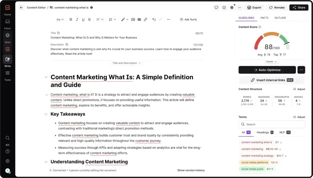 Surfer SEO Content Editor with live content score and optimization guidelines