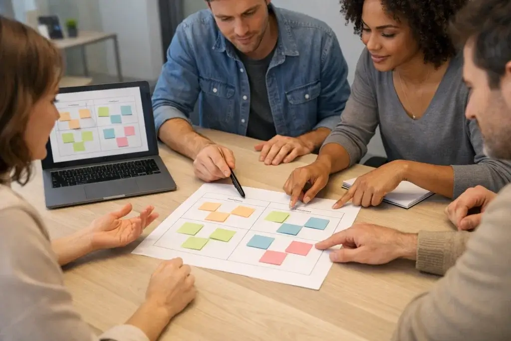 Team reviewing a project retrospective template during a post-project meeting