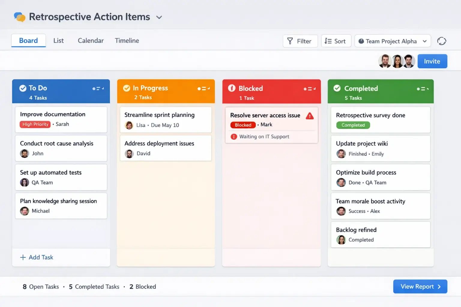 Tracking project retrospective tools with action items in a work management platform