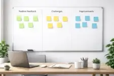 project retrospective questions board with categorized feedback sections