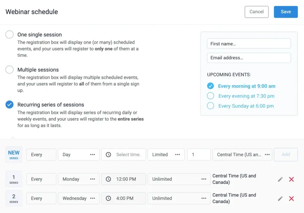 WebinarJam webinar scheduling screen with single, multiple, and recurring session options