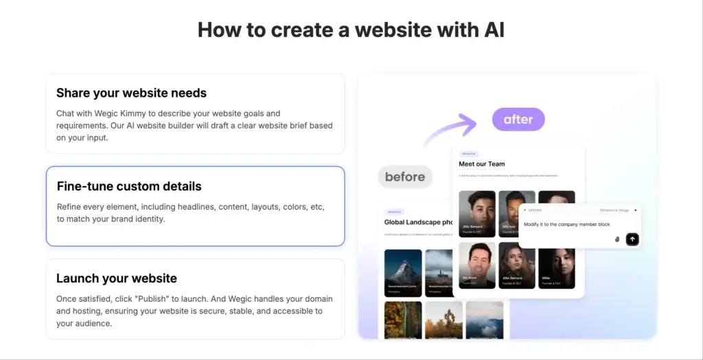 Wegic AI website builder workflow showing website setup, customization, and publishing steps