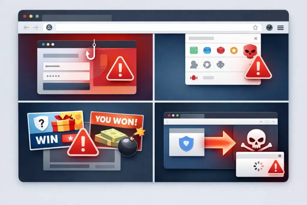 visual representation of phishing, malicious extensions, and scam redirects in a browser