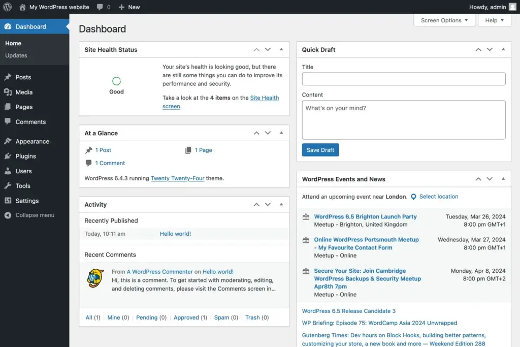 WordPress dashboard interface with Site Health, Quick Draft, Activity, and Events panels