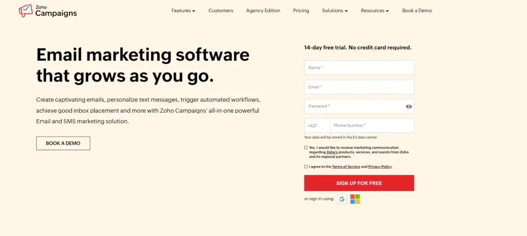 Zoho Campaigns email marketing software dashboard with sign up form and automation tools