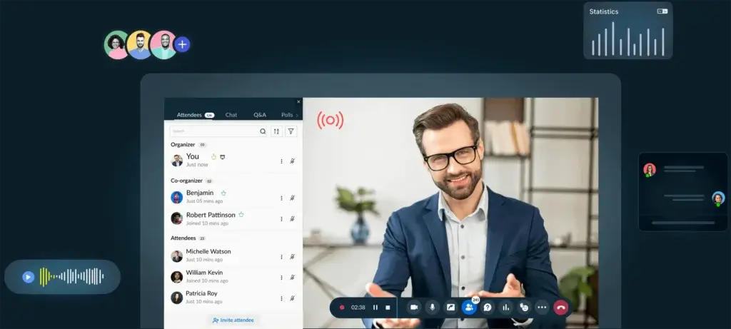 Zoho Webinar live webinar interface with presenter video, attendee panel, chat, Q&A, and analytics widgets