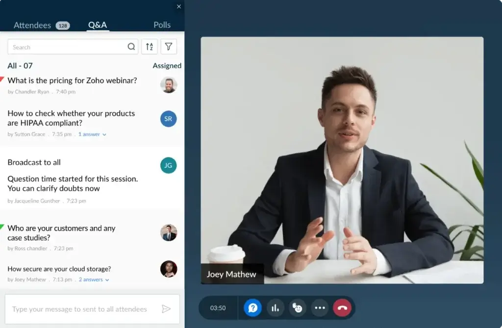 Zoho Webinar Q&A panel with attendee questions and moderator controls during a live session